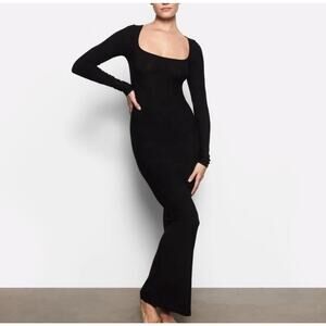 Skims Ribbed Knit Dress Womens Small Black Long Sleeve Bodycon Lounge Maxi NWT